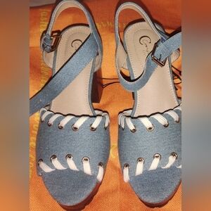 Blue Denim Block Heel Sandals with White Lace Detail